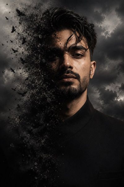 A man's face dissolves into dark birds and smoke fragments