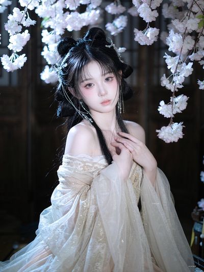 A delicate woman in ancient dress stands amid white blossoms
