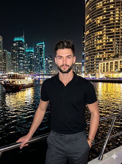 Confident man in black polo poses at glowing marina railing