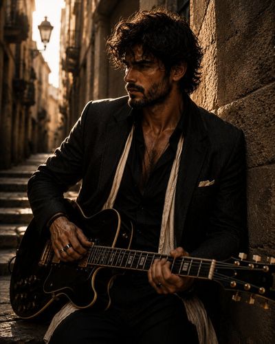 A brooding rockstar grips his guitar in a misty alleyway