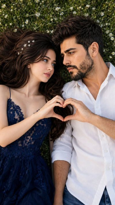 A couple lies in grass with hands forming a heart