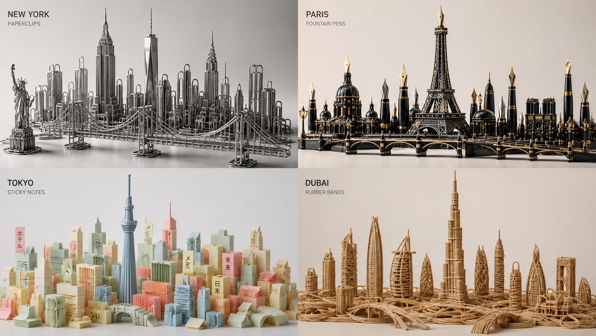Paperclips bend into the New York skyline in a macro photo