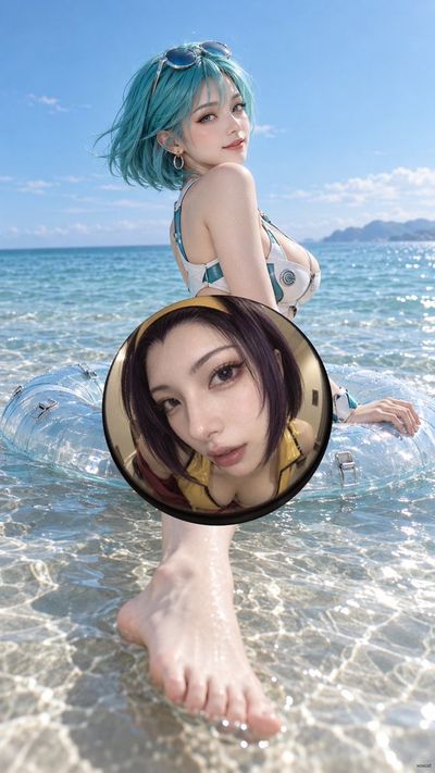 Elegant Woman Poses on Inflatable Ring in Summer Sea