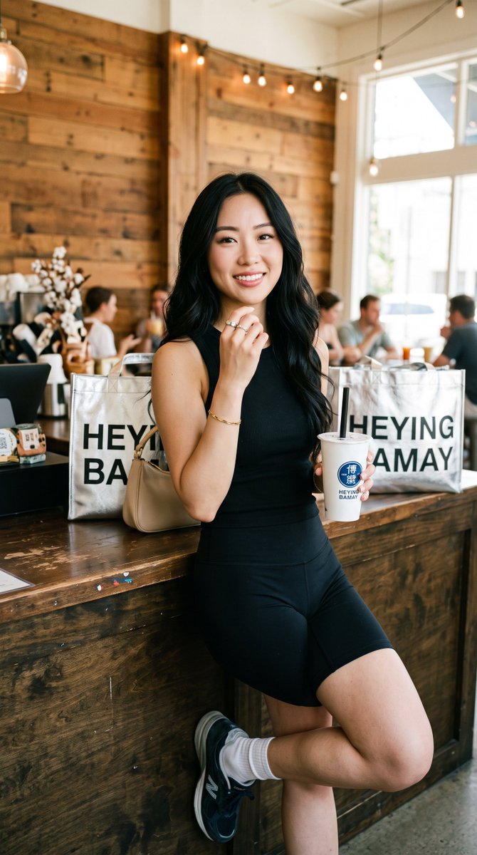 East Asian woman in black tank top leans at café counter with bubble tea