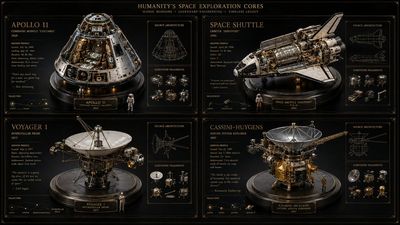 Four iconic space missions displayed in golden blueprint frames