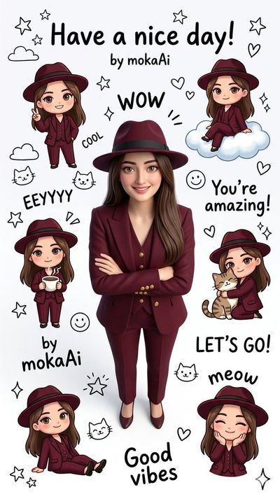 Cute character stands with chibi versions in doodled white space