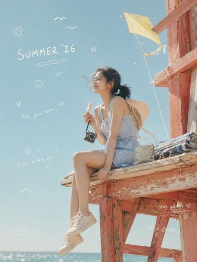 A Korean woman sits on a coral lifeguard tower in summer breeze