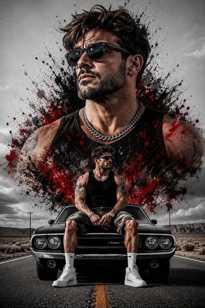 A muscular man in a black cap sits on a muscle car hood