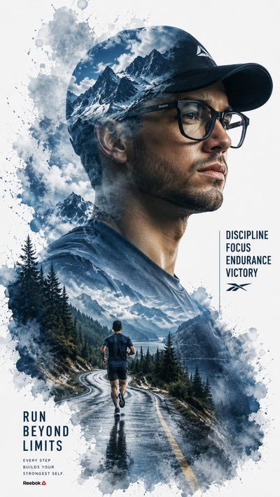 A determined athlete runs through a snowy mountain silhouette