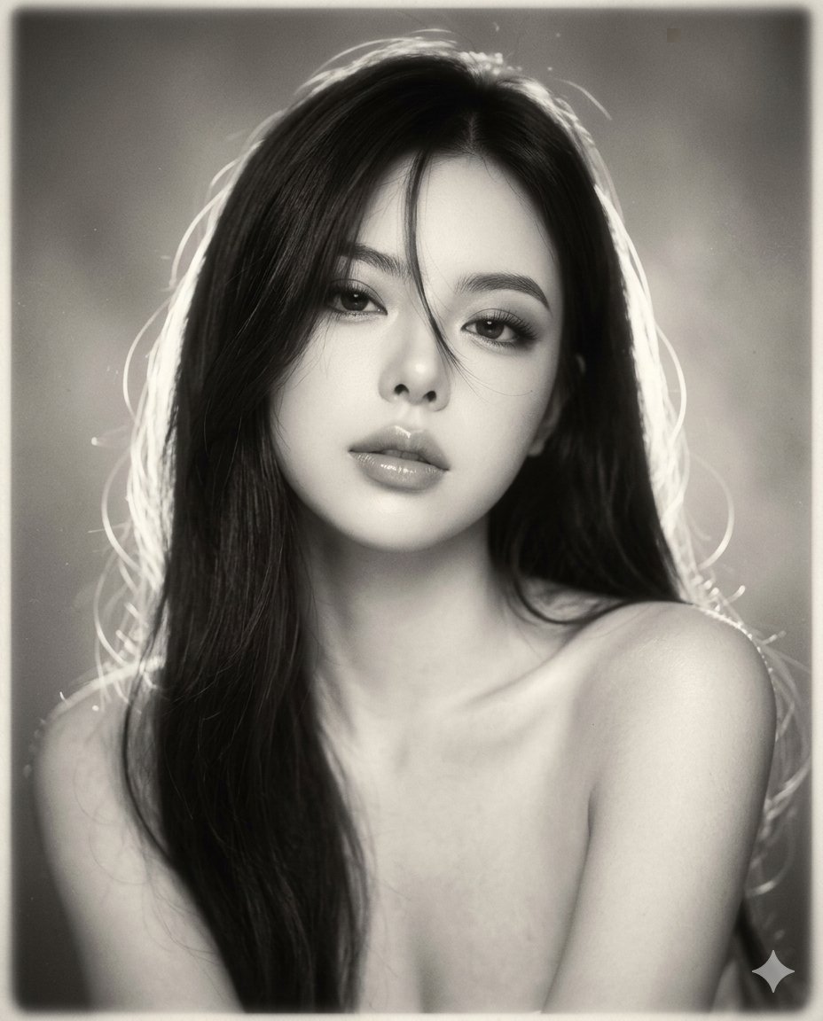 A monochrome glamour portrait with soft halo backlight