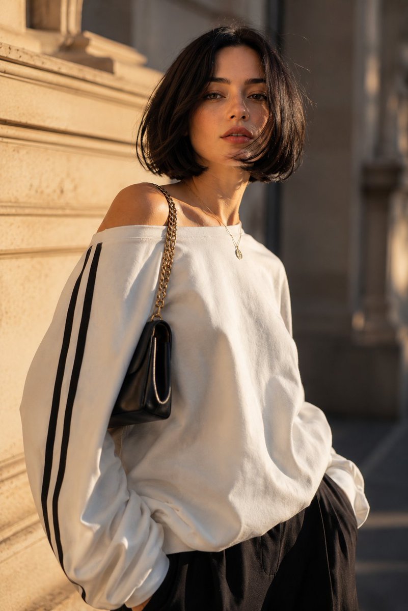 Young woman in oversized sweatshirt gazes upward in golden hour sunlight