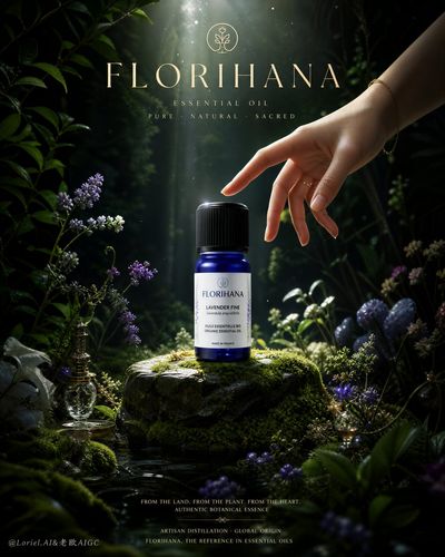 A graceful hand nearly touches a sacred essential oil bottle.