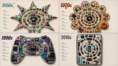 Vintage radios radiate outward in concentric rings forming a guitar silhouette.