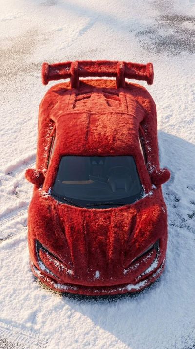 Furry Fantasy: A Crimson Car in Winter Wonderland