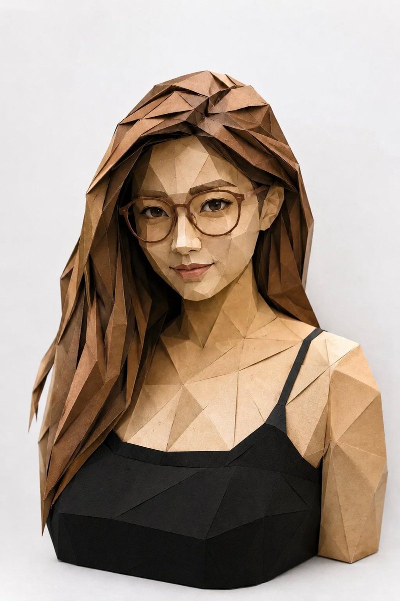 Young man with curly hair wears geometric sunglasses in origami portrait