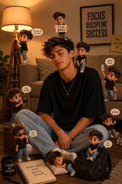 Young man smiles peacefully surrounded by tiny chibi selves in cozy study