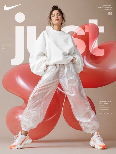 Model poses in oversized white sweatshirt with glossy pants