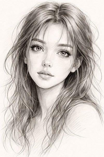 Intricate Pencil Portrait of a Young Woman with Expressive Eyes
