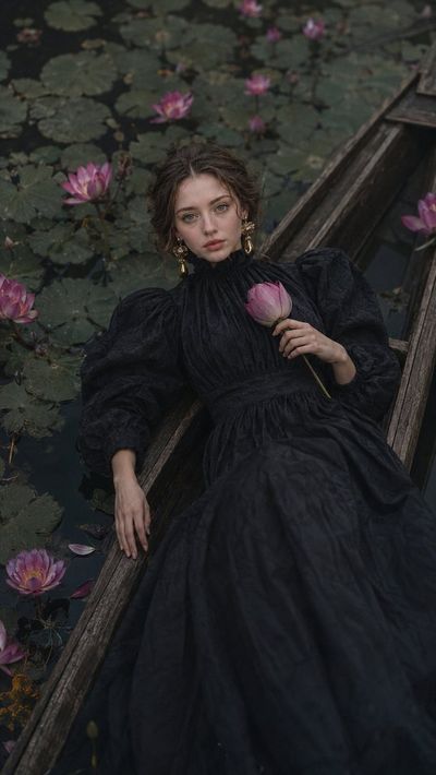 A woman in dark couture reclines in a boat among lotuses
