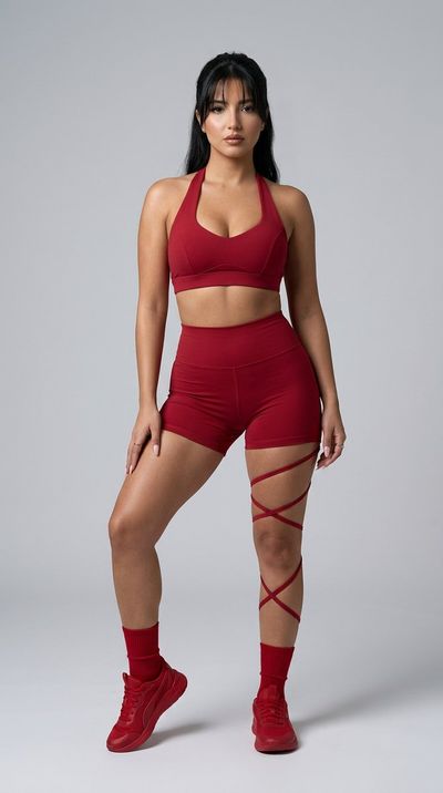 Red halterneck sports bra and highwaisted shorts create a bold athletic look