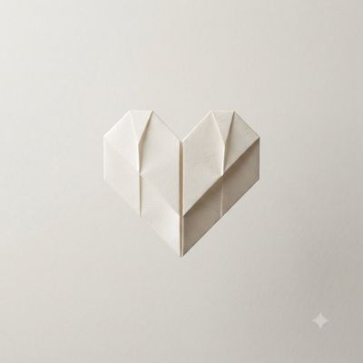 A pristine origami heart floats against a clean neutral backdrop