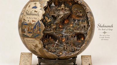 Cracked sphere reveals painted lore across carved inner worlds