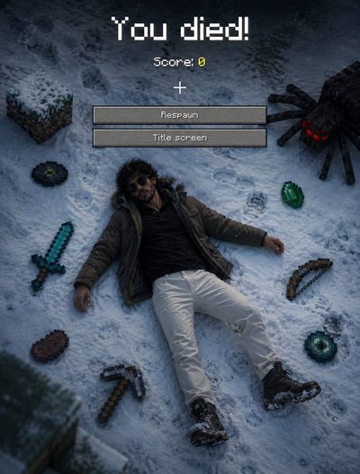 A fallen adventurer lies spread on snowy ground with pixel items