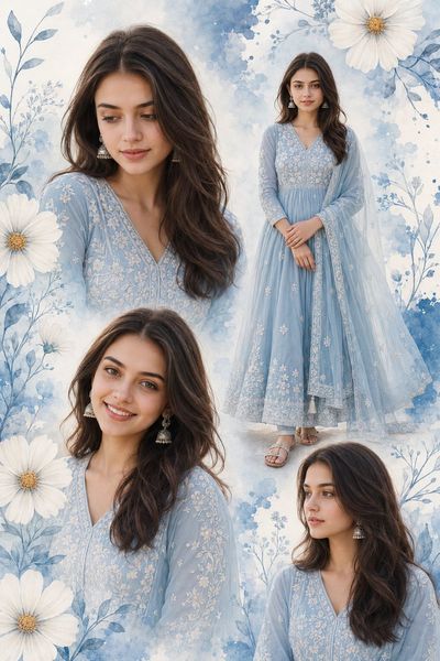 Young woman wears blue Anarkali in four dreamy portrait poses