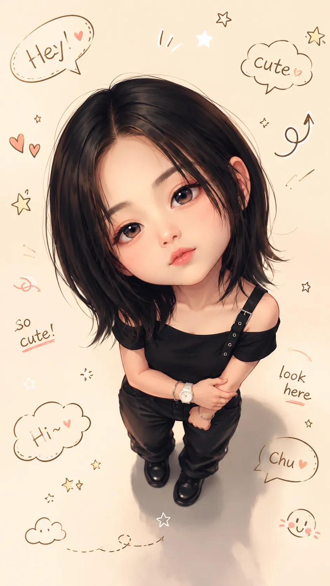 Adorable chibi character looks up with shy smile from above
