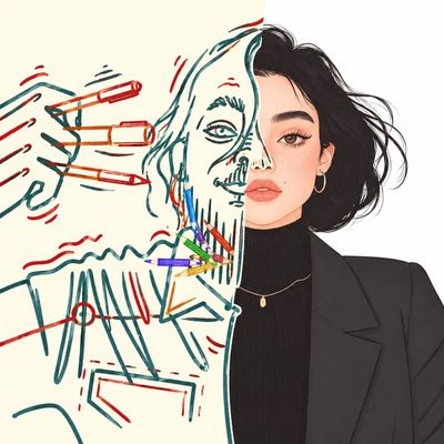 Realistic portrait meets vibrant crayon sketch in split composition