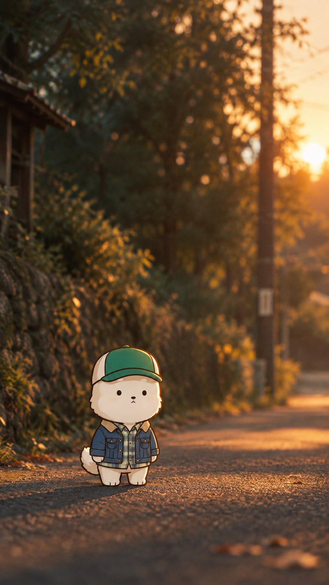 Chibi mascot stands on a quiet forest path at dusk.