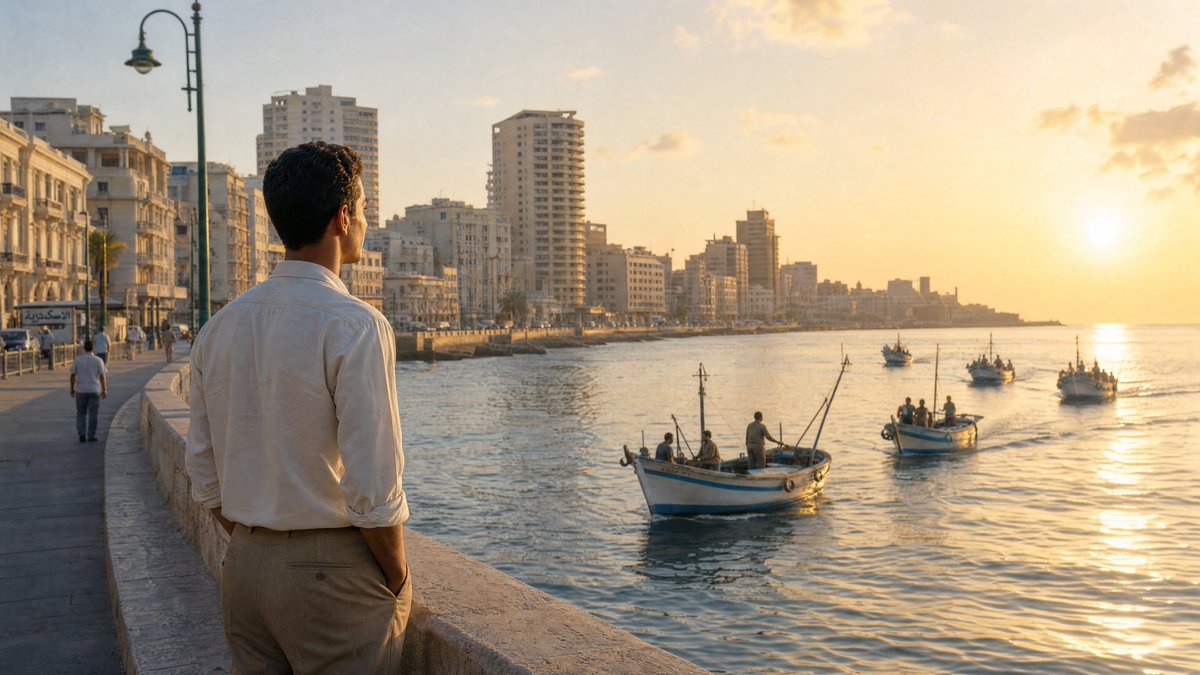 Young Egyptian man gazes at sunrise over Alexandria's Mediterranean coast