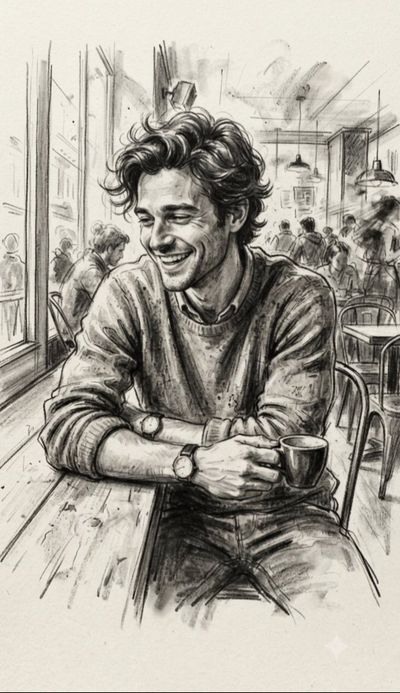 A handsome man smiles warmly in a charcoal cafe sketch