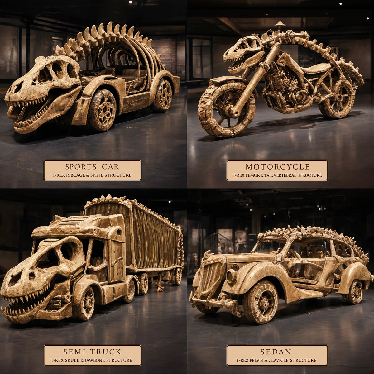 T-Rex fossil bones form a sports car chassis in museum light