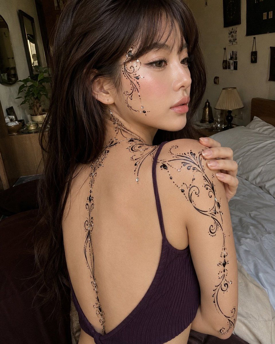 Side profile reveals intricate henna-style body art in cozy bedroom