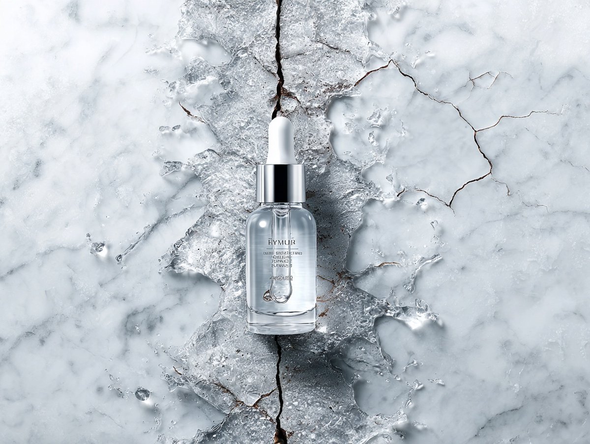 Beauty Product Hovering Above Ingredient Cross-Section on Marble