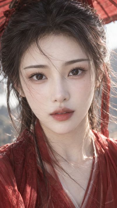 Elegant Chinese Woman Close-Up Portrait with Red Silk Robe