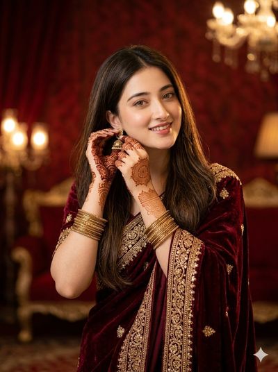 South Asian woman in maroon saree adjusts jhumka earring with shy smile