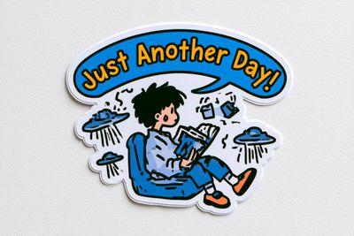 Calm Character Sips Tea Amid Explosive Cartoon Chaos Sticker