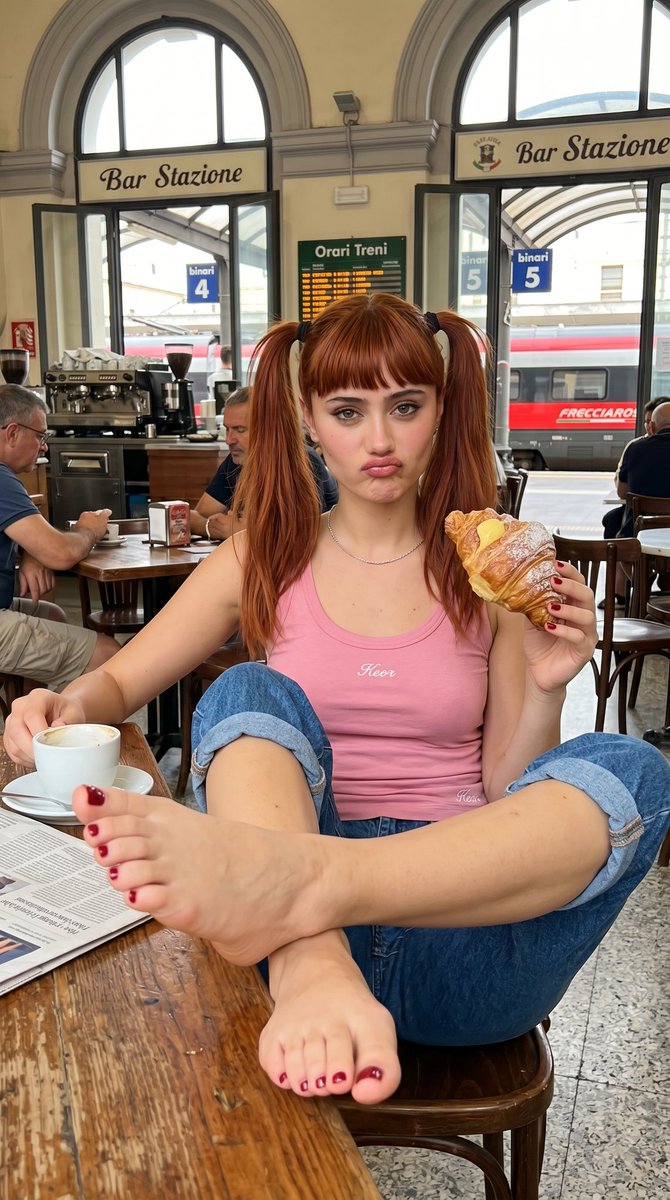 Red-haired woman in pigtails enjoys croissant and coffee at station cafe