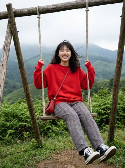 Joyful East Asian Woman Laughs While Swinging on Rustic Rope Swing