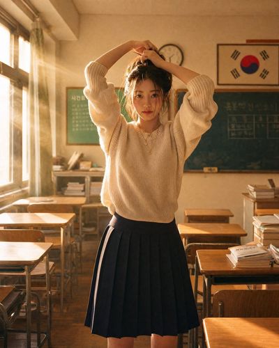 Korean woman in cream sweater writes on green chalkboard in afternoon light