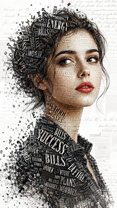Typographic portrait of a woman formed entirely by words and fonts