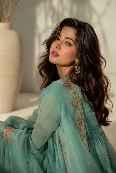 A South Asian woman in teal looks back in warm sunlight