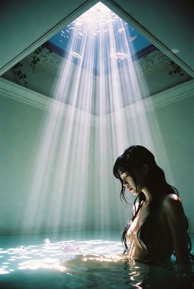 Surreal Mint Room with Sunbeams and Floating Fish