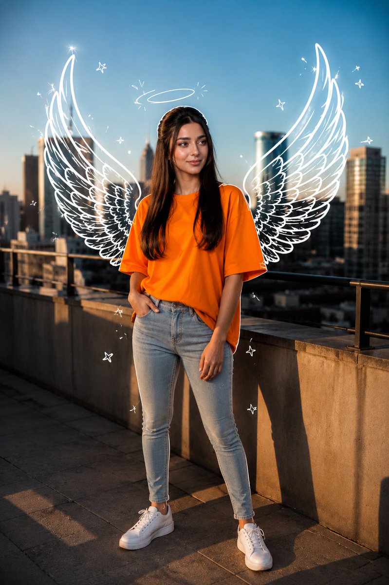 Warm sunset illuminates a model in orange on a rooftop