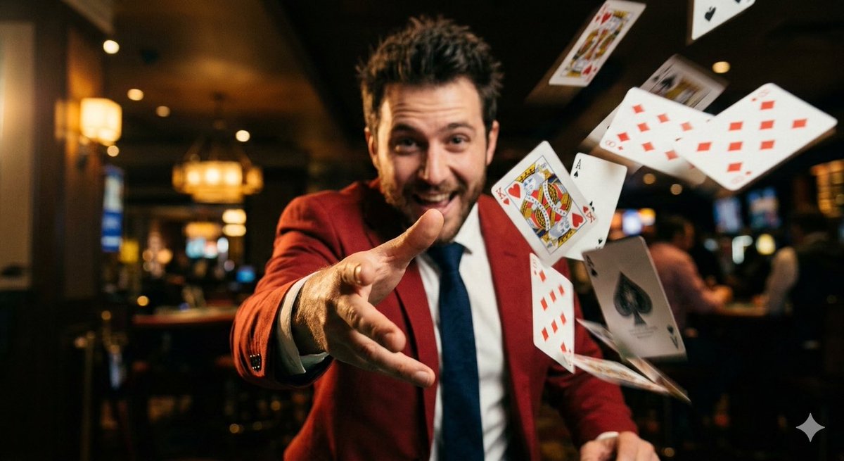 A Bold Gambler's Card Trick in Motion