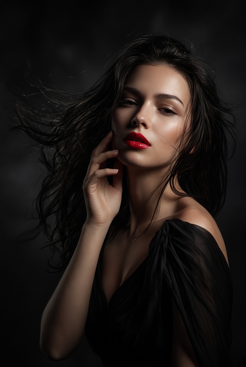 Glamorous Woman with Wind-Swept Hair Poses in Dramatic Studio Portrait