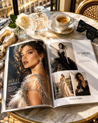 Luxury Fashion Magazine on a Marble Table in Parisian Sunlight