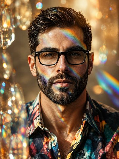 Man in floral shirt with prismatic rainbow light and golden-hour glow